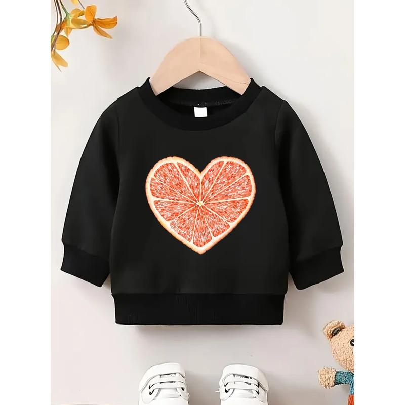 European sizes Heart & Orange Print Pattern, Soft Comfortable Thin Crewneck Sweatshirt for 0-3 Year Old Girls