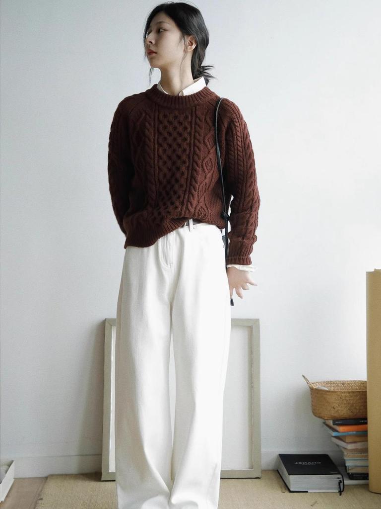 Women's French Wool Cable Knit Sweater - Loose, Thickened, Cashmere, Slimming Autumn/Winter Outerwear