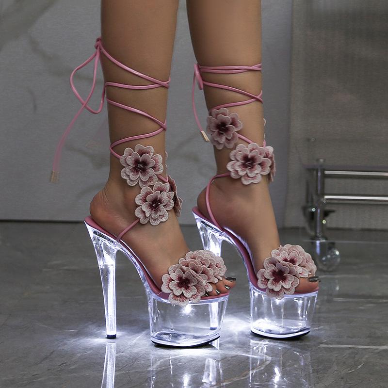 Mode Leuchtende Stiletto-Sandalen Damen Ultrahoch 17cm Laufstegmode Model Dicke Sohle Sexy Club-Partyschuhe