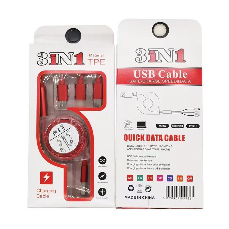 Retractable Metal 3-in-1 Charging Cable for Android & Type-C with Customizable Logo