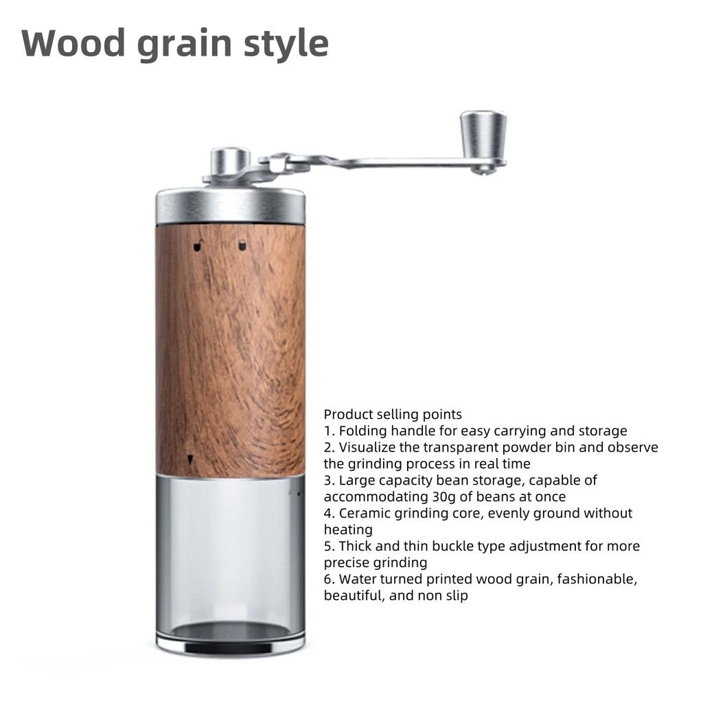 Vintage Portable Manual Coffee Grinder with Wood Grain Stainless Steel Crank Retro Handheld Coffee Bean Grinder for Home Travel