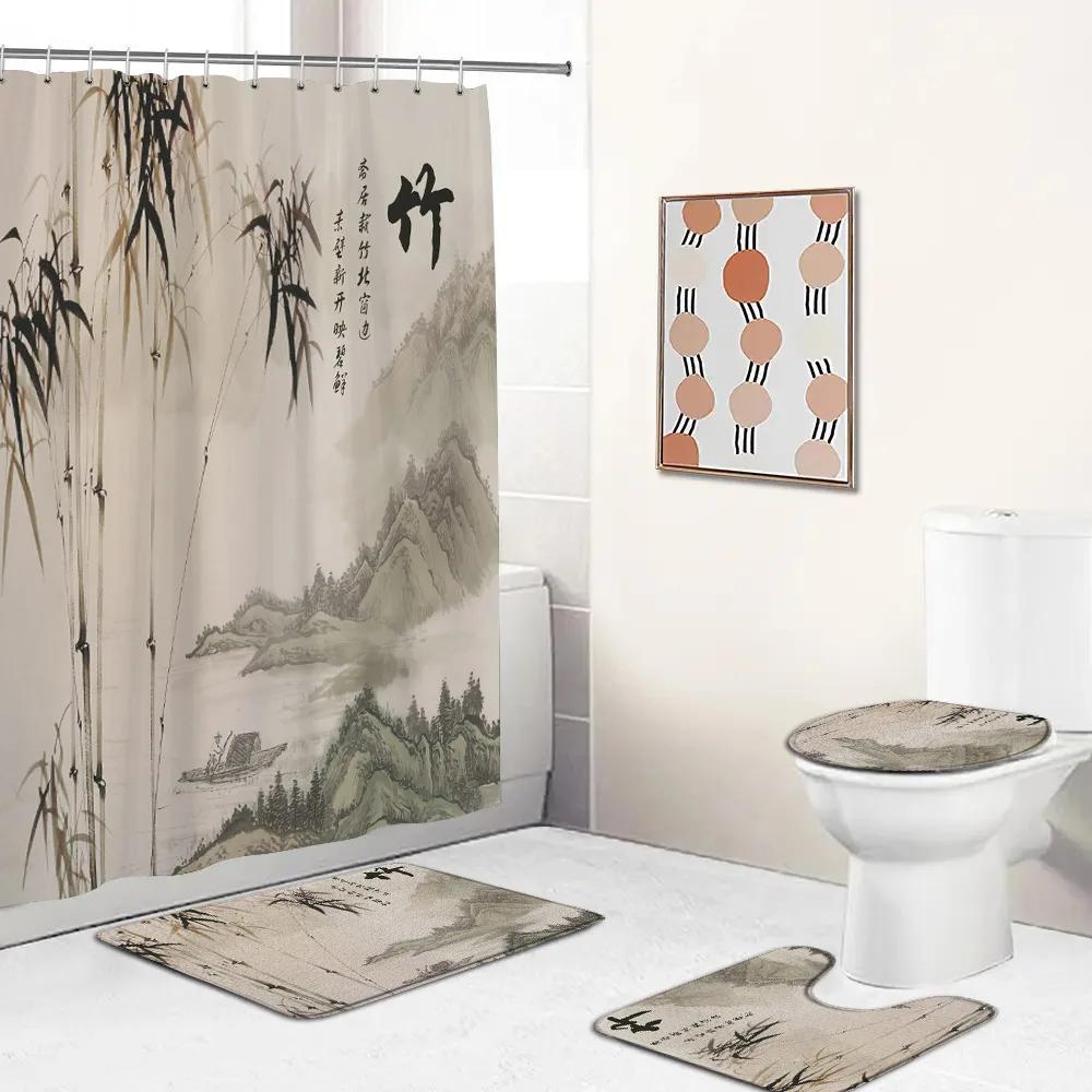 Chinese Style Shower Curtains Lotus Koi Bamboo Chinese Ink Painting Bathroom Curtain Vintage Bath Decorations For Home