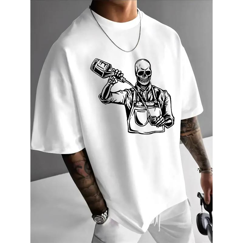 

Европейские размеры Мужская готическая футболка с принтом Бармена - Бармен и Череп, с коротким рукавом, с круглым вырезом, летняя повседневная футболка, подходит для барменов, S белый