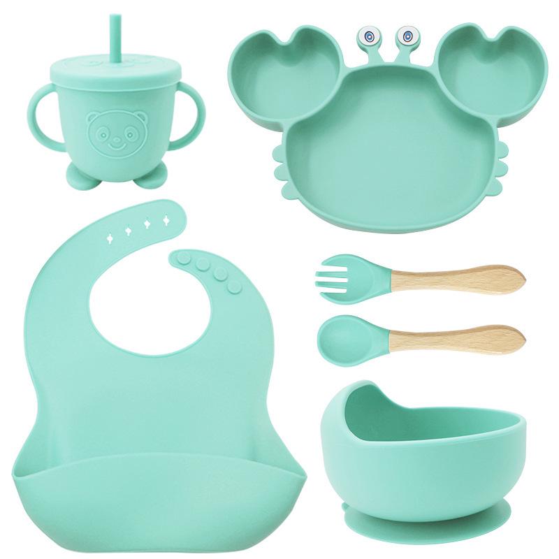 Crab-Themed Silicone Tableware Set: 9-Piece Baby Feeding Kit with Meal Plate, Bowl, Spoon, and Fork
