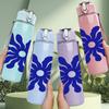 1PC Abstract Blue Flower Shape Art Print 750ml Color Plastic Sports Water Bottle Leakproof Flip Straw Lid Suitable for Sports Office Home Use