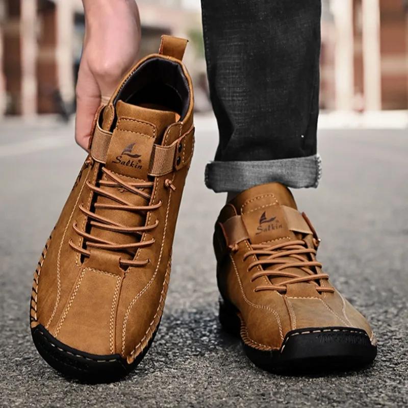 Fashion Winter New Men's Low-top Ankle Boots High Quality Hand-stitched Hook&loop Leather Casual Sneakers Classic Man Shoes Plus Size 48
