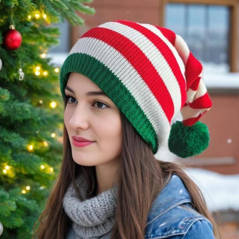 Christmas Hat Knitted Hat With Red And Green Stripes And Fur Ball Long Tail Hat Christmas Hat Old Man Hat