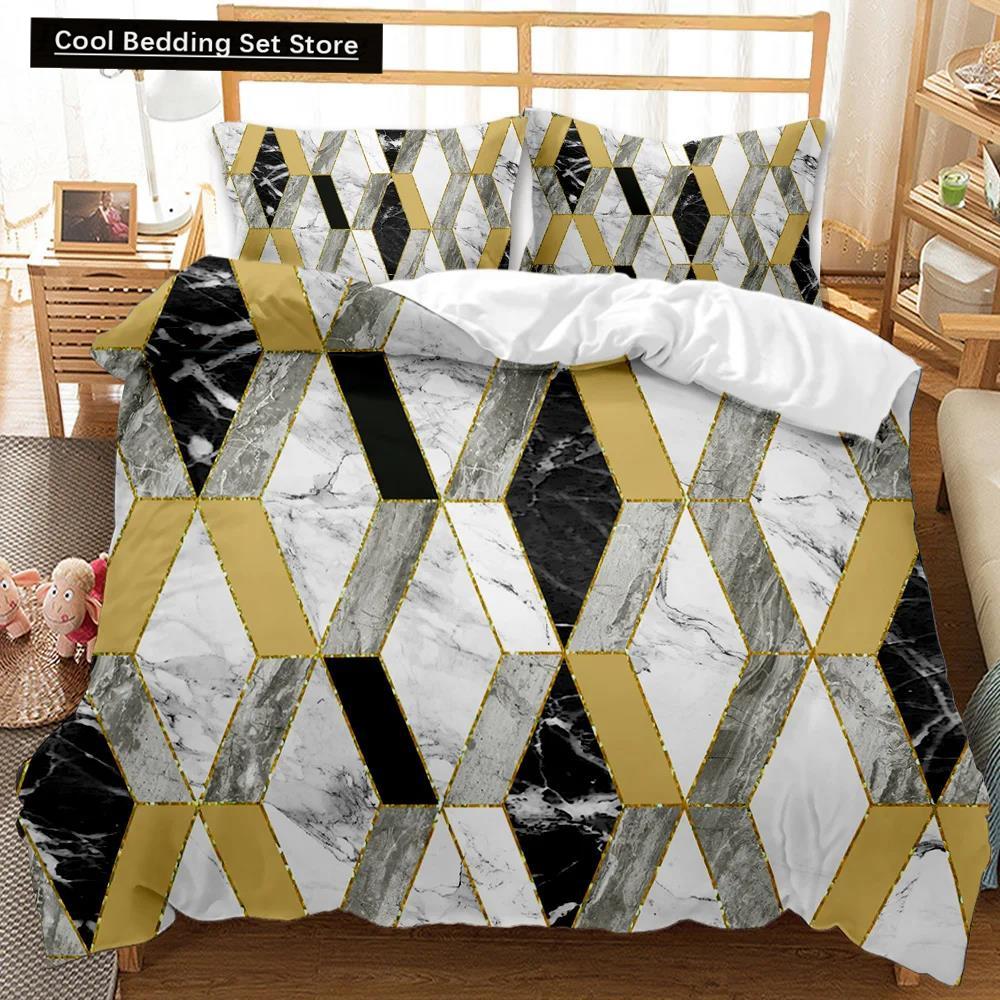 Set Husă Plapumă Marmură Negru Alb Auriu Textură Marmură Abstractă Imprimată Negru Alb Mărime Dublu Queen King Set de Lenjerie de Pat Poliester