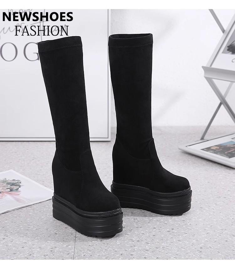 Modă Iarnă Crește Toc Cizme de Gleznă pentru Femei Talpă Groasă Pene Toc Înalt 13cm Pantofi cu Platformă Cizme Înalte Negre Femei