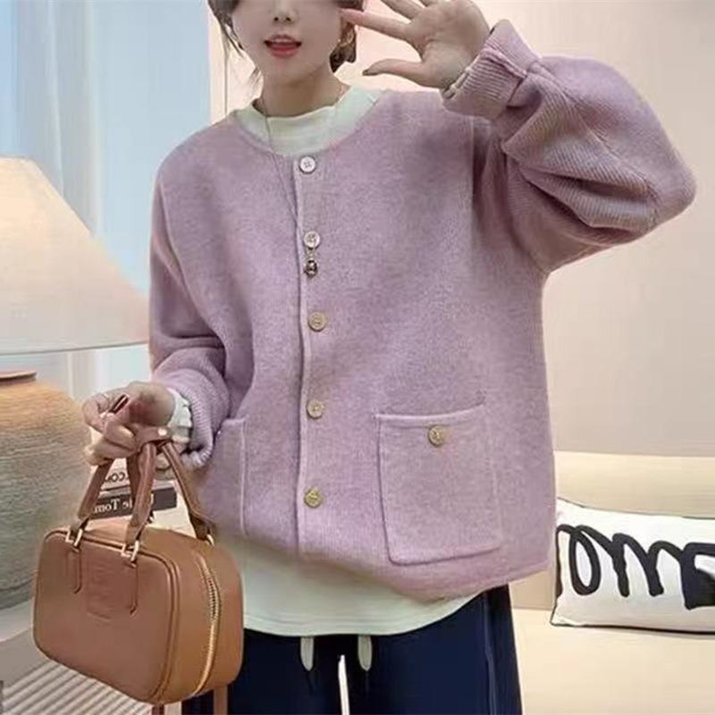 Crew neck knitted cardigan women's clothing autumn new loose and thin versatile single-breasted sweater jacket