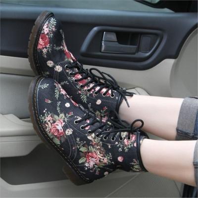 Mode Damenstiefel Geblümt bedruckt Weiche Sohle Stiefeletten Schnürung Plateau Damenschuhe C280