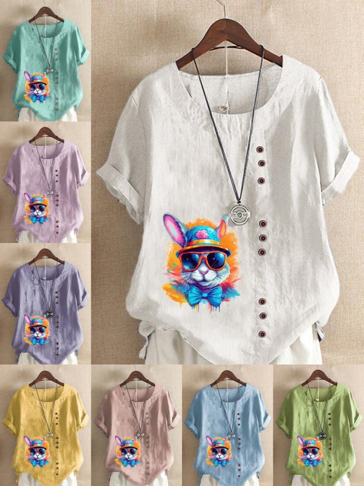 Women's Fashion Colorful Rabbit Print Shot Sleeve T-shirt Loose Cotton Shirt Casual Loose Summer Blouse Tops Plus Size