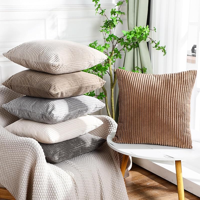 6 Pcs Winter Corduroy Throw Pillow Covers Bulk 18x18 Multicolor Striped Decorative Square Soft Plush Throw Pillow Cases Modern Style for Living Room