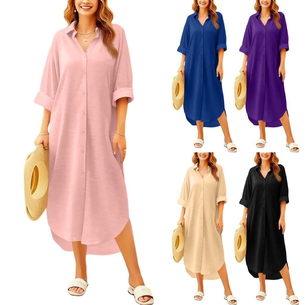 Loose Fit Mid-Length Shirt Dress Women Long Sleeve Button Down Shirt Dress Casual Collared Shirt Dress with Roll-Up Sleeves