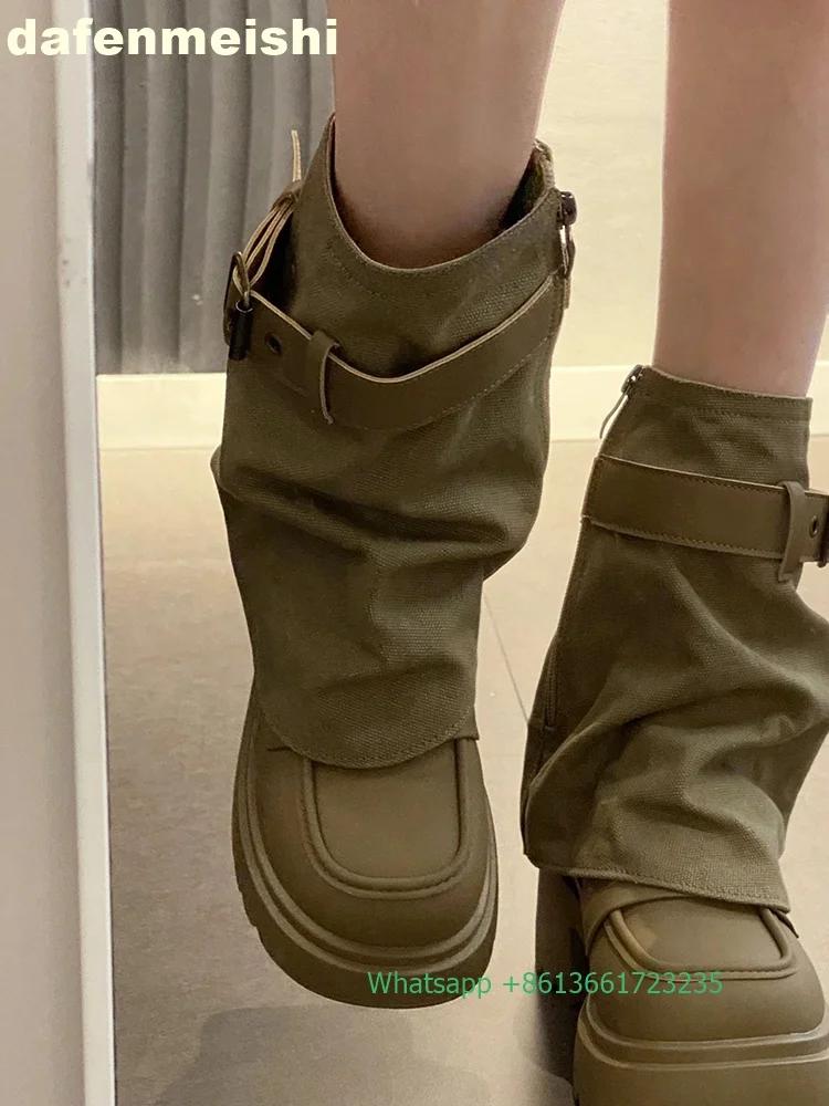 Fashion 2025 Spring Autumn Trouser Boots Detachable Women's Novelty Pull-On Mid-Calf Boots Platform Chunky Khaki Leather Boots Loafers