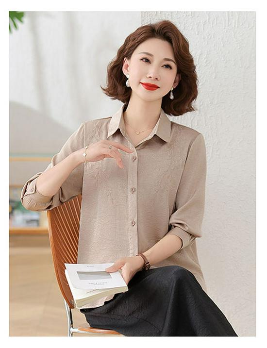 Spring & Summer Stylish Lapel Long Sleeve Shirt for Middle-Aged & Elderly Women - Age-Reducing Solid Color Loose Top