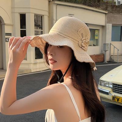 Sunscreen Sweet Straw Sun Hat Big Brim French Style Knitted Bucket Hat Visor Cap Temperament Sun Protection Cap Spring Summer