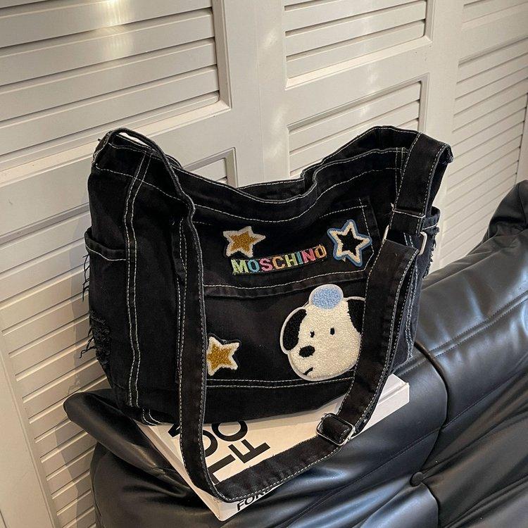 Korean Versi Carto Embroidered Washed Denim Bag for Students One Shoulder Crossbody Tote Bag, Casual and Simple Women's Bag