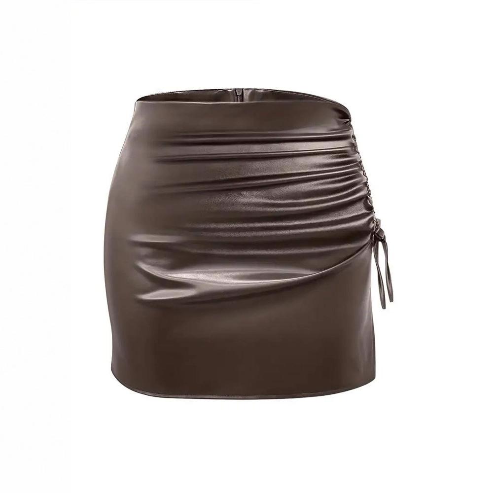 Skirt Spring Spice Girl Split Leather Skirt Sexy Fashion Slim Fit High Waist Skinny PU Short Skirt S коричневый