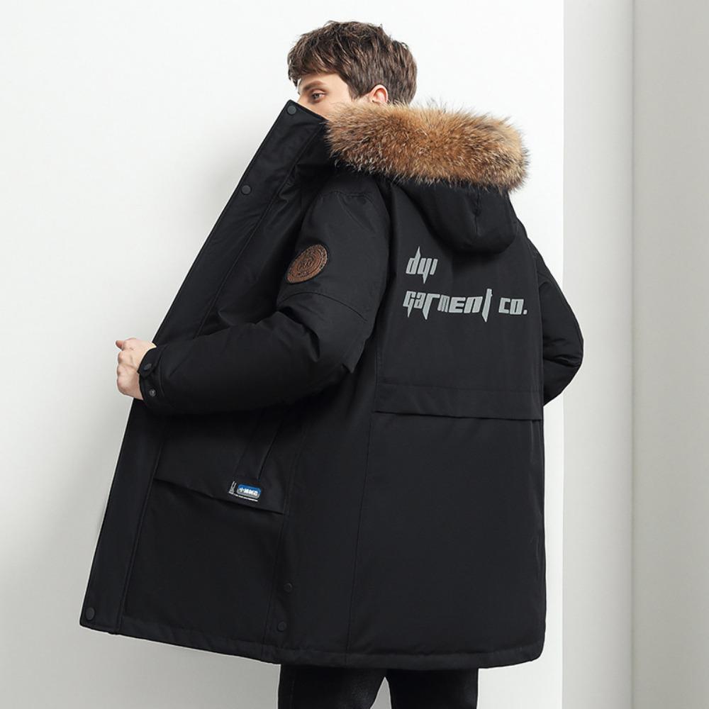 Large fur collar men's down jacket, winter medium and long version tooling large pocket casual loose thickened jacket