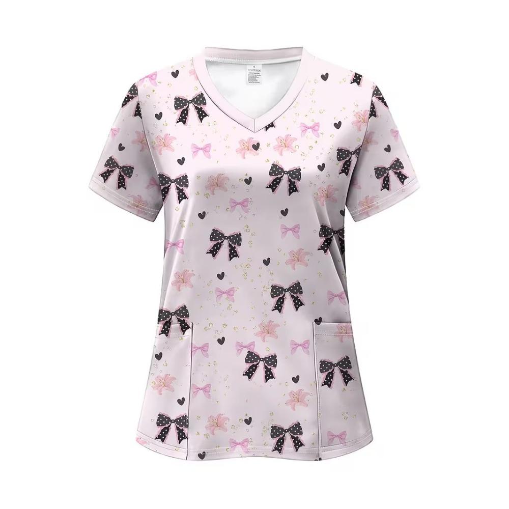 Surgical Gown Women's 3D Printed Nurse Top Summer Fashion V-tie Pocket Short Sleeved Women's Medical Gown