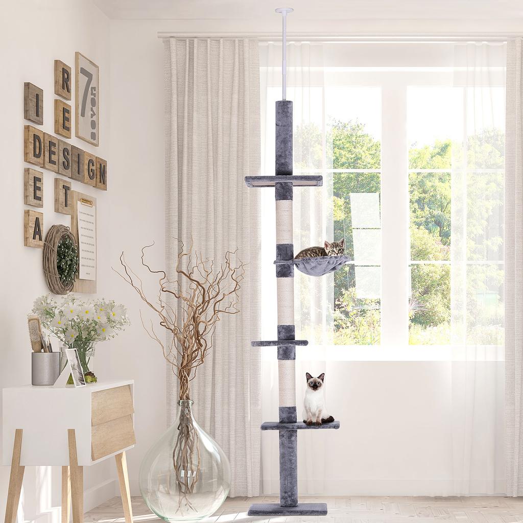 Floor to Ceiling Cat Tree 230-260cm Height Adjustable, 5-Tier Cat Tower with Scratching Posts, Hammock, Perches