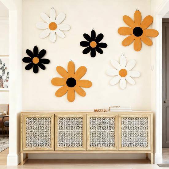 6Pcs/Set Rustic Wooden Flower Wall Decoration Handcrafted Black Yellow White Floral Wall Art Home Office Living Room Bedroom Wall Hanging Ornament