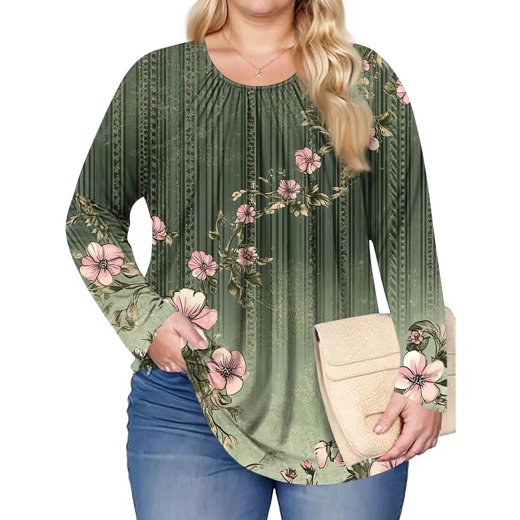 Women's Plus Size Fashion Printed Casual Pleated Round Neck Long Sleeve Top