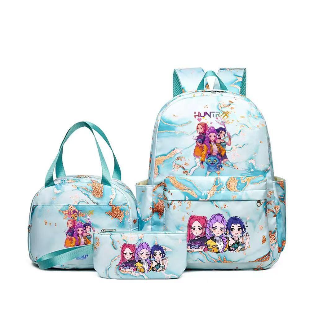 KPOP Dämonenjägerin Girlgroup Rucksack, Brotdose & Federmäppchen Set - Anime Schultasche & Bento Box Kombi