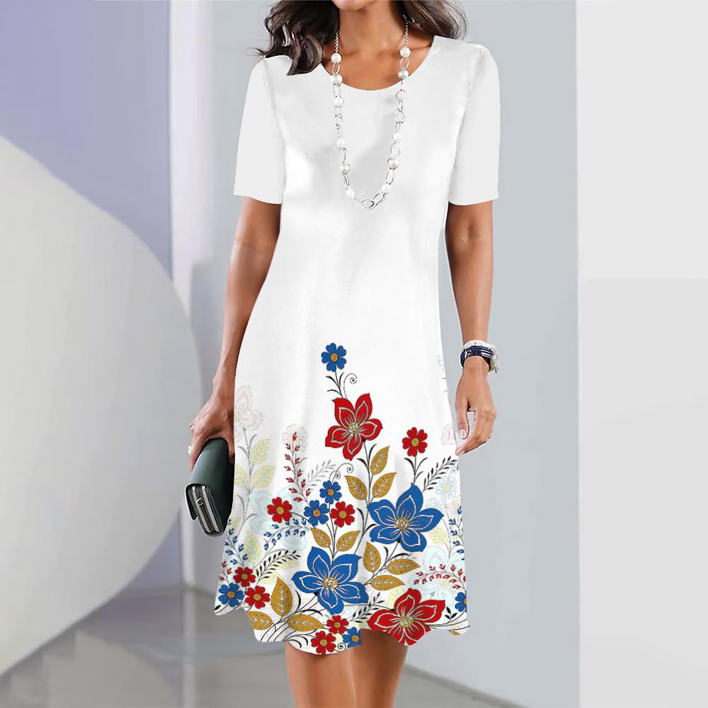 Sommerkleider mit kurzen Ärmeln, edles Damenkleid, lockerer A-Linienrock, Farbkonflikt-Druck, Damenkleidung, lässiger Pullover mit rundem Kragen