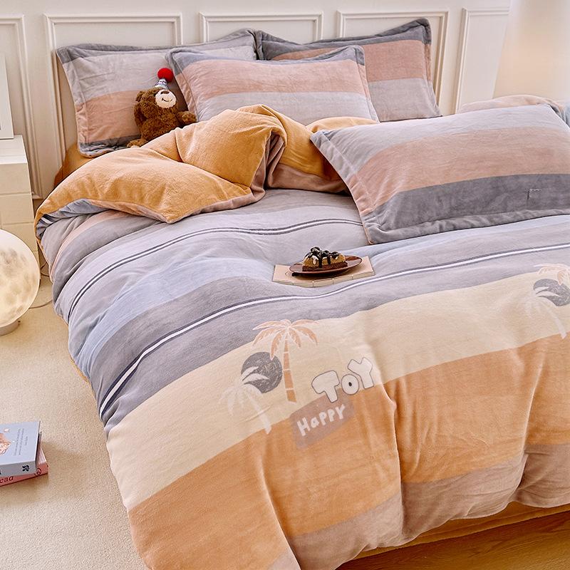 Thickened Milk Fleece Printing Four-Piece Set, Fleece Warm Coral Fleece Skin-Friendly Student Dormitory