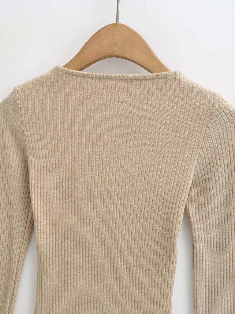 Women's Lace-Up U-Neck Slim Fit Long-Sleeve Ribbed Knit Top for Spring/Autumn