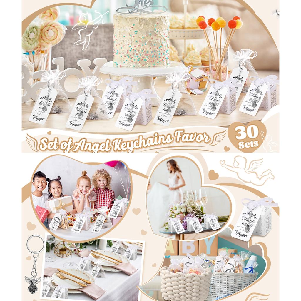 30Pcs/24Pcs Favor Boxes Angel Keychain with Keyring Chain Yarn Bags Thank You Pendant for Kids Shower Wedding Favor