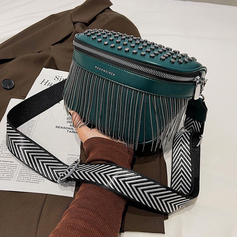 Wholesale women's fanny pack 2025 new European and American fashion rivet diagonal span breast bag trendy versatile wide shoulder strap single shoulde