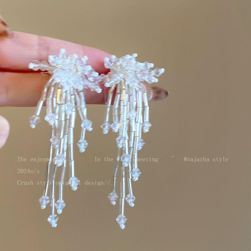 

Fever Same Style Fireworks Tassel Earrings for Girls White Retro Personalized Long Stud Earrings Fancy Beaded Earrings White crystal fireworks