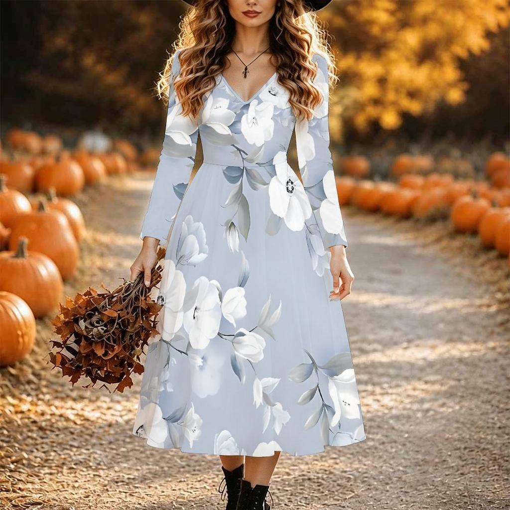 Halloween Women's Vintage Floral Print Midi Dress A Line Dress Vacation Casual Daily Regular Fit Long Sleeve V Neck Black Spring Fall
