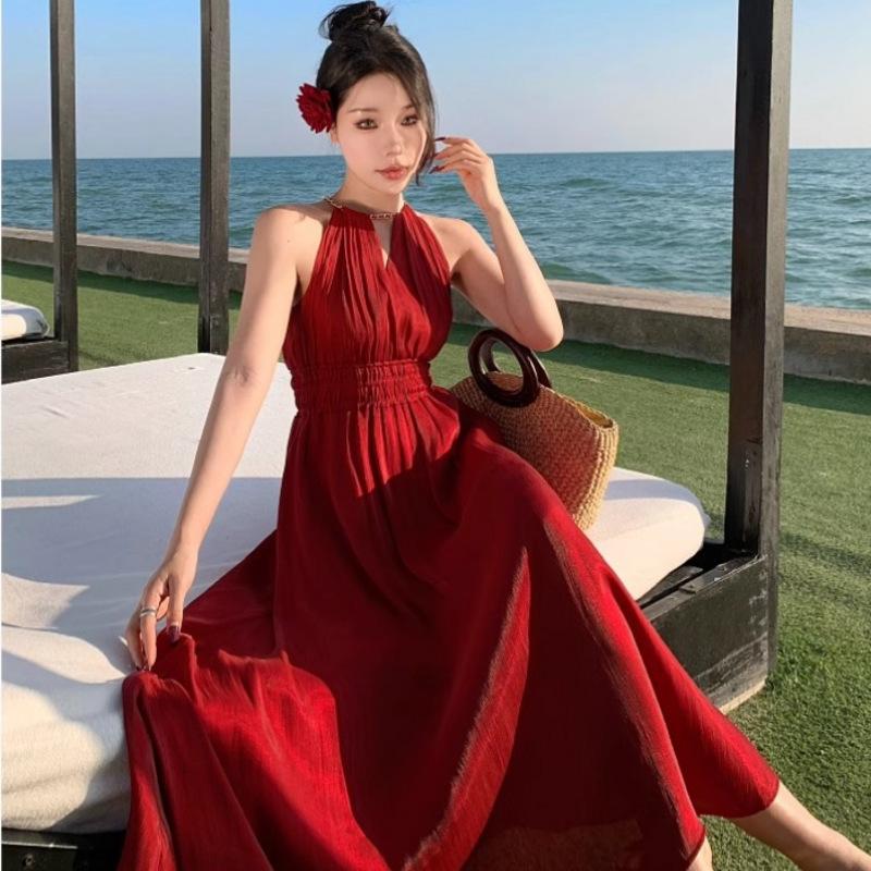 Seaside vacation wind waist slim beach dress French beautiful unique ruffle edge neck dress summer