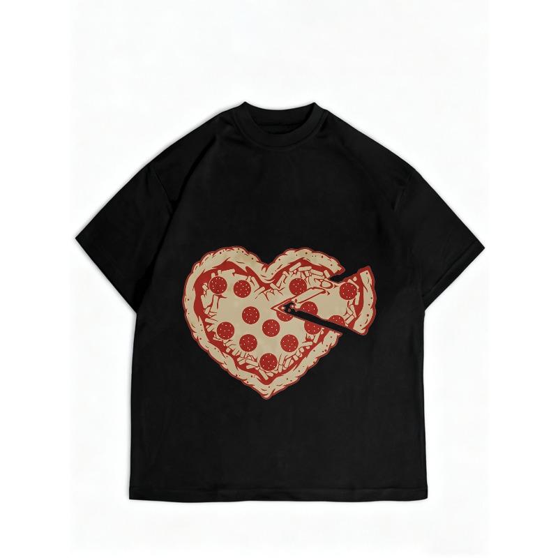 Heart Shape Pizza Print T Shirt Black Casual Summer Top For Women Streetwear Fashion Trendy Graphic Tee Party Outfit
