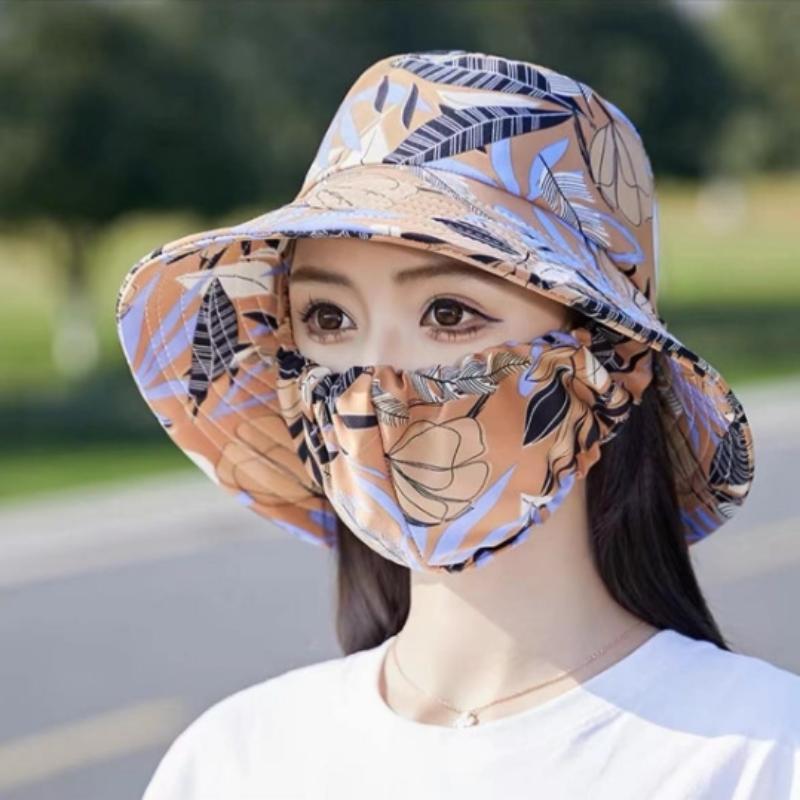 Women's Lightweight Floral Bucket Hat with Detachable Face Cover Breathable Anti-UV for Hiking Camping Vacation