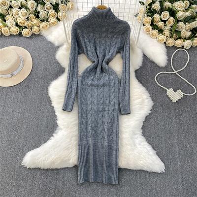 Graues Mode Rollkragenpulloverkleid für Damen Neu Herbst Winter Schick Lange Ärmel A-Linie Pullover Locker Gestrickte Kleider