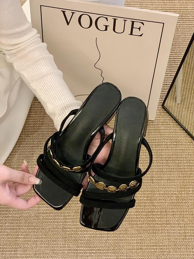 French Pink Square-headed Open-toed Thick-heeled One-word Slippers for Women Wearing Summer Fairy Vacation Style Premium Cool Slippers