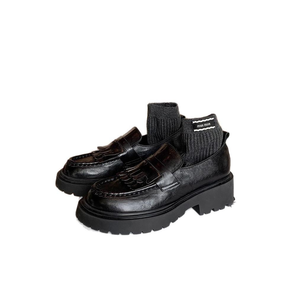 Grape Mother, the Same Round Head Double-layer Fringed Thick Sole Heightening Thick Heel Small Leather Shoes, One Pedal Versatile Shallow M