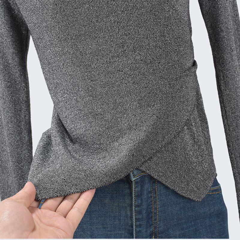 Spring and Autumn Knitting V Neck Cross Short Long Sleeves Pullover Pure Color Silver Silk Pure Color Silm High Elasticity Soft Women