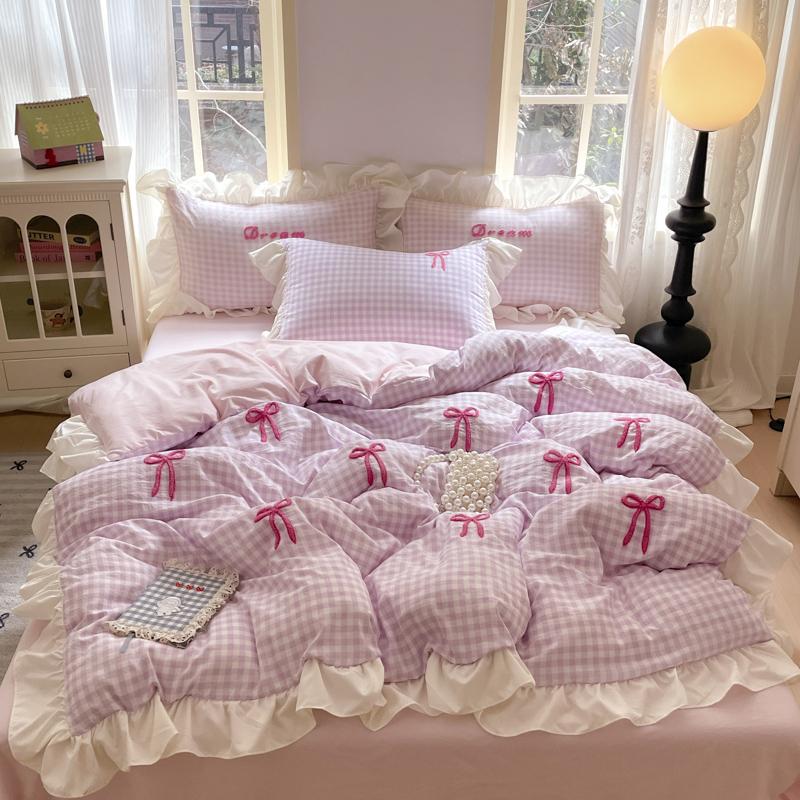 Korean Style Bedding Sets  Pink Grid Bow Quilt Cover Romantic Bed Sheet Sets Woman Girls Bedroom Duvet Cover 4pcs