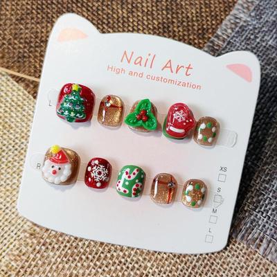 Children's Cat Eye Christmas Tree Nail Stickers - Handmade, Wearable Cartoon Art for Ages 3-11.