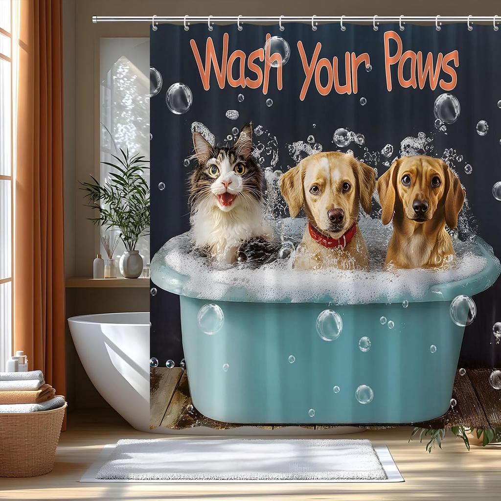 Funny Dog Shower Curtain Cute Cat Puppy In Bathtub Bubbles Retro Hilarious Animal Lovely Pet Polyester Bathroom Curtains Set