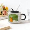 Retro Cat TV Ceramic Mug with Lid & Straw 450ml Cute Coffee Cup Leak-Proof Heat Resistant TV Shape Milk Beer Mugs Novelty Gift Home Decor