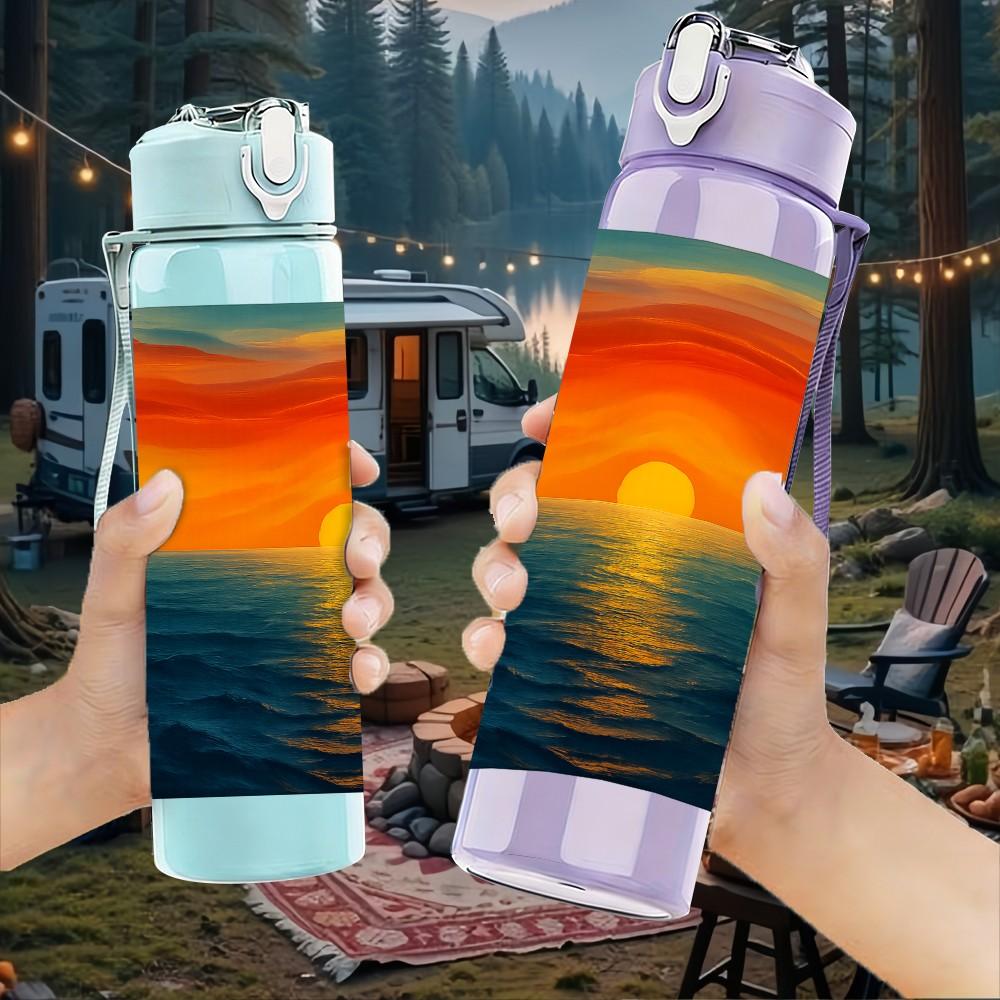 1PC Ocean Sunset Sky Landscape Print 750ml Color Plastic Sports Water Bottle Leakproof Flip Straw Lid Suitable for Sports Office Home Use
