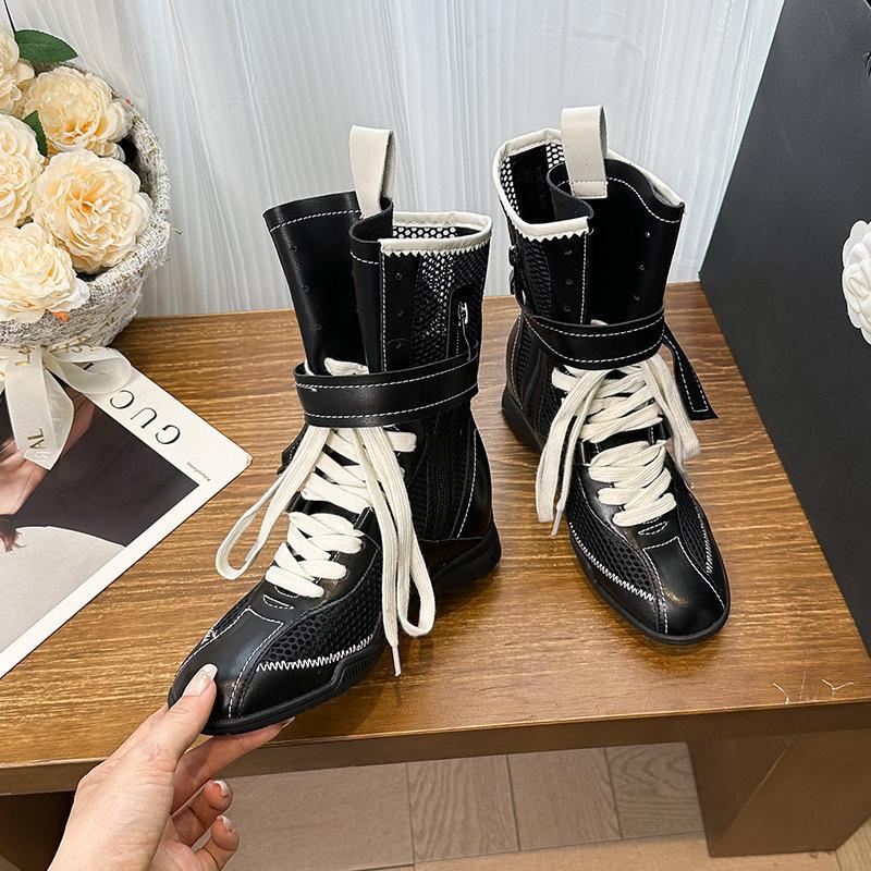 2025 New Hollow Breathable Short Boots Martin Boots Women's Retro Round Head Lace-up Inner Height-increasing Boxing Boots Medium Boots