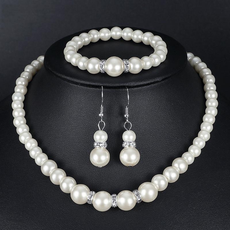 Fashion Pearl Beaded Chain Drop Earrings Women White Faux Pearl Necklace Bracelet Jewelry Set Gift for Sisters Friends